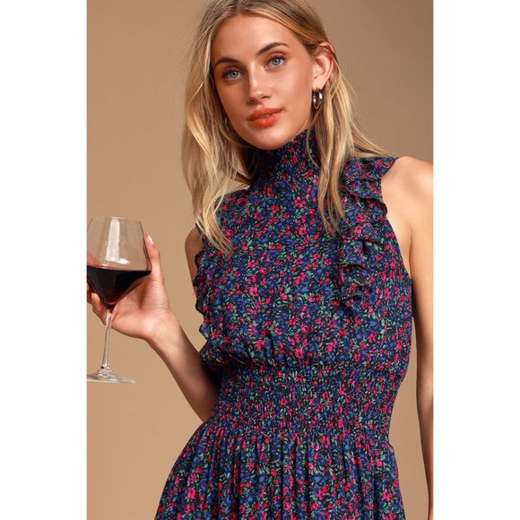 Floral Mock Neck Ruffle Midi Dress - Picture 1 of 5